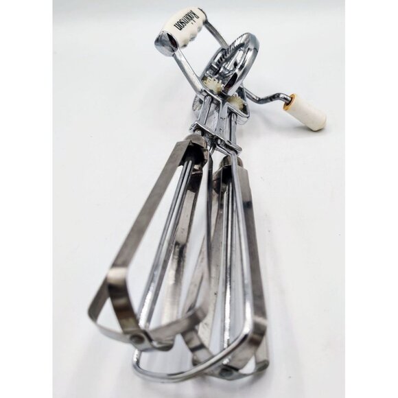 Robinson Hand Crank Egg Beater Vintage Manual Mixer Stainless Steel White Handle - Picture 4 of 14